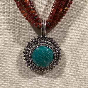 Graziano Turquoise and Silver Pendant Necklace with Red Carnelian Beads
